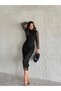 Women's Black Judge Collar Silver Polka Dot Detail Transparent Tulle Sleeves Lined Draped Midi Evening Dress
