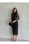 Women's Black Judge Collar Silver Polka Dot Detail Transparent Tulle Sleeves Lined Draped Midi Evening Dress - 4