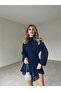 High Collar Chiffon Navy Blue Dress - 3