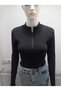 Black Darkalip Slimfit Long Sleeve Half Zipper Finger Detail Ribbed Camisole Zip up Blouse - 5