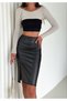 Women's Black Laced Waist Slit Pencil Leather Skirt 62 cm - 2