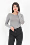 Women's Gray Low-Cut Long Sleeve Stretchy Bodysuit with Snap Fasteners - 2440 - 5