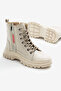 Women's Beige Leather Thermo Sole Side Stripe Lettering Lace up and Zippered Boots - 4