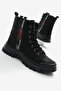 Women's Black Matte Thermo Sole Side Stripe Lettering Lace up and Zippered Boots