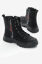 Women's Black Matte Thermo Sole Side Stripe Lettering Lace up and Zippered Boots - 3