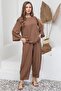 Brown Cotton Muslin Long Sleeve Blouse and Loose Pants Set (Bluz-Pant) - 6