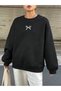 Women's Black Mini Ribbon Printed Crew Neck Oversize Sweatshirt - 3