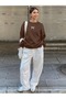 Women's Brown Mini Ribbon Printed Crew Neck Oversize Sweatshirt - 2