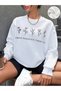 Women's White Positive Garden Printed Crew Neck Oversize Sweatshirt