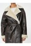 Faux Fur Collar Faux Leather Long Coat Buttoned Belt Pocket - 5