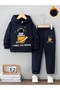 Space Space Printed Hooded Thick Cotton Inside Tracksuit with Pockets Children's Top and Bottom Tracksuit Set