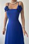 Cobalt Blue Atlas Fabric Strapless Collar Rose Accessory Detailed Design Strap Maxi Dress 258 - 5