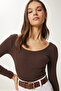 Women's Brown U-Neck Ribbed Knitted Blouse GT00212 - 2