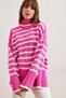 Women's Pink Turtleneck Slit Striped Knitwear Sweater Kzk- 19000926 - 2