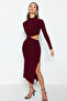 Bordo Cut Out Detaylı Shift/Düz Kesim Midi Örme Elbise TPRAW24EL00297 - 3