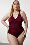 Bordo Belde Cut Out Mesh/Tül Detaylı Büyük Beden Mayo TBBSS23AM00037