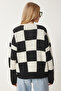 Women's Cream Black Checkerboard Patterned Knitwear Sweater yy00170 - 6
