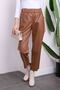 Tan Leather Trousers with Pockets and Elastic Waist - 3