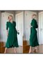Women's Green Crepe Fabric Double Breasted Collar Asymmetric Cut Midi Length Belted Long Sleeve Dress
