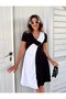 Women's Short Sleeve V-Neck Asymmetrical Black and White Transition Over-The-Knee Dress