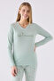Women's Nile Green V-Neck Long Sleeve Pocketed Pajama Set, Viscose Woven - 2