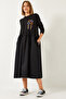 Women's Black Pocket Embroidered Long Dress 8099 60351364