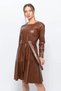 Apsen Women's Tan Crew Neck Leather Look Winter Dress with Tie Detail 4357-100 - 3