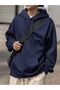 Women's Navy Blue Hooded Sweatshirt with Kangaroo Pockets - 3