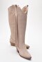 Ri̇os Beige Genuine Leather Suede Tasseled Women's Thick Heeled Boots