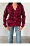 Striped Buttoned Pocket Detailed Oversize Knitted Cardigan
