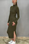 Women's Turtleneck Slit Midi Dress Khaki Color - 4