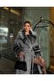 Women's Fabric Checkered Pattern Stone Fur Detail Belted Lined Special Design Coat