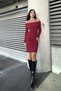 Madonna Collar Ribbed Knit Knitwear Dress Long Sleeve Stretchy Corded Fabric Winter Mini Dress - 3