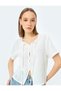 V-Neck Short Sleeve Button Lace-Up Neckline Shirt - 2