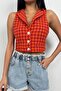برتقالي Houndstooth زر منقوشة مفصلة طوق القميص سترة المحاصيل 23s12002