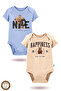 Blue-Beige Organic Short Sleeve Printed Snap Fastener Baby Bodysuit