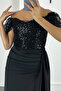 Women's Black Boat Neck Sequin Sequin Long Evening Dress - 4
