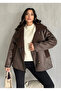 Bitter Brown Buttoned Plush Laminated Coat