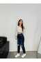Women Navy Blue Double Knee Laser Ripped High Boyfriend Mom Jeans Pants - 3