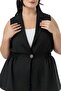 Plus Size Elastic Waist Detail Skirt Balloon Cut Button Lined Black Vest - 5