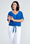 Women's Button Detail V Neck Wrapped Blouse / Blue and Black - 4