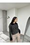 Women's White Striped Collar Buttoned Turtleneck Knitwear Sweater - 4