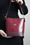 Claret Red Crocodile Patterned Bucket Model Women's Hand and Shoulder Crossbody Bag Gold Accessory - 2