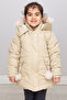 Beige Color Pompom Fur Lined Hooded Girl's Coat - 3