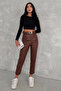 Leather Pants with Carotton Button Belt-Brown - 6