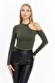Women's Khaki Shoulder Detailed Crop Blouse - 2