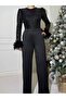 Women's Imported Sequin Sequin Fabric Sleeves Otriş Detail Belted Lined Special Design Jumpsuit - 3