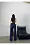 Belted High Waist Navy Blue Fabric Palazzo Pants - 4