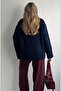 Women's Crew Neck Oversize Navy Blue Knitwear Sweater - 3