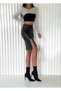 Women's Black Laced Waist Slit Pencil Leather Skirt 62 cm - 3